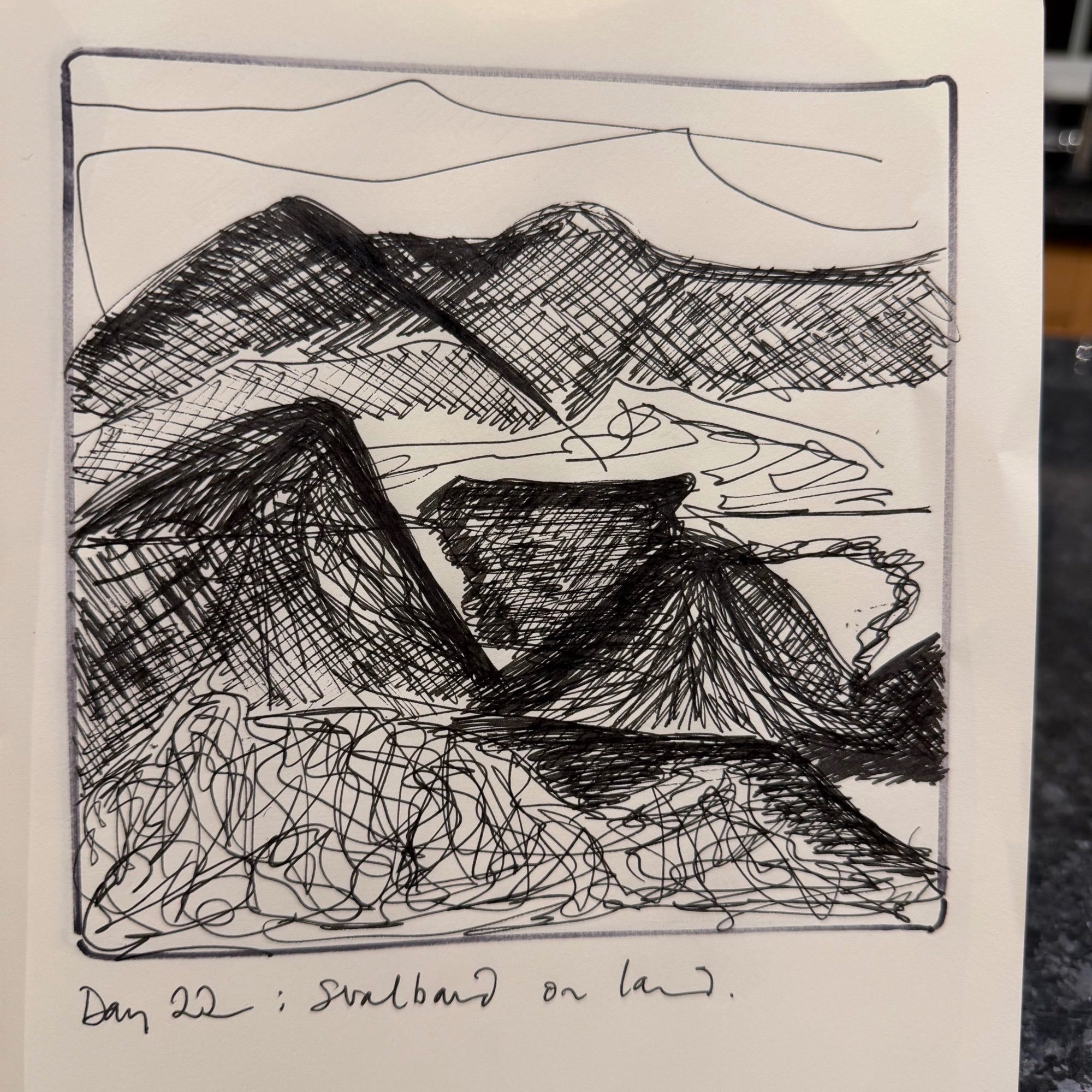 Ink sketch of mountains and glaciers