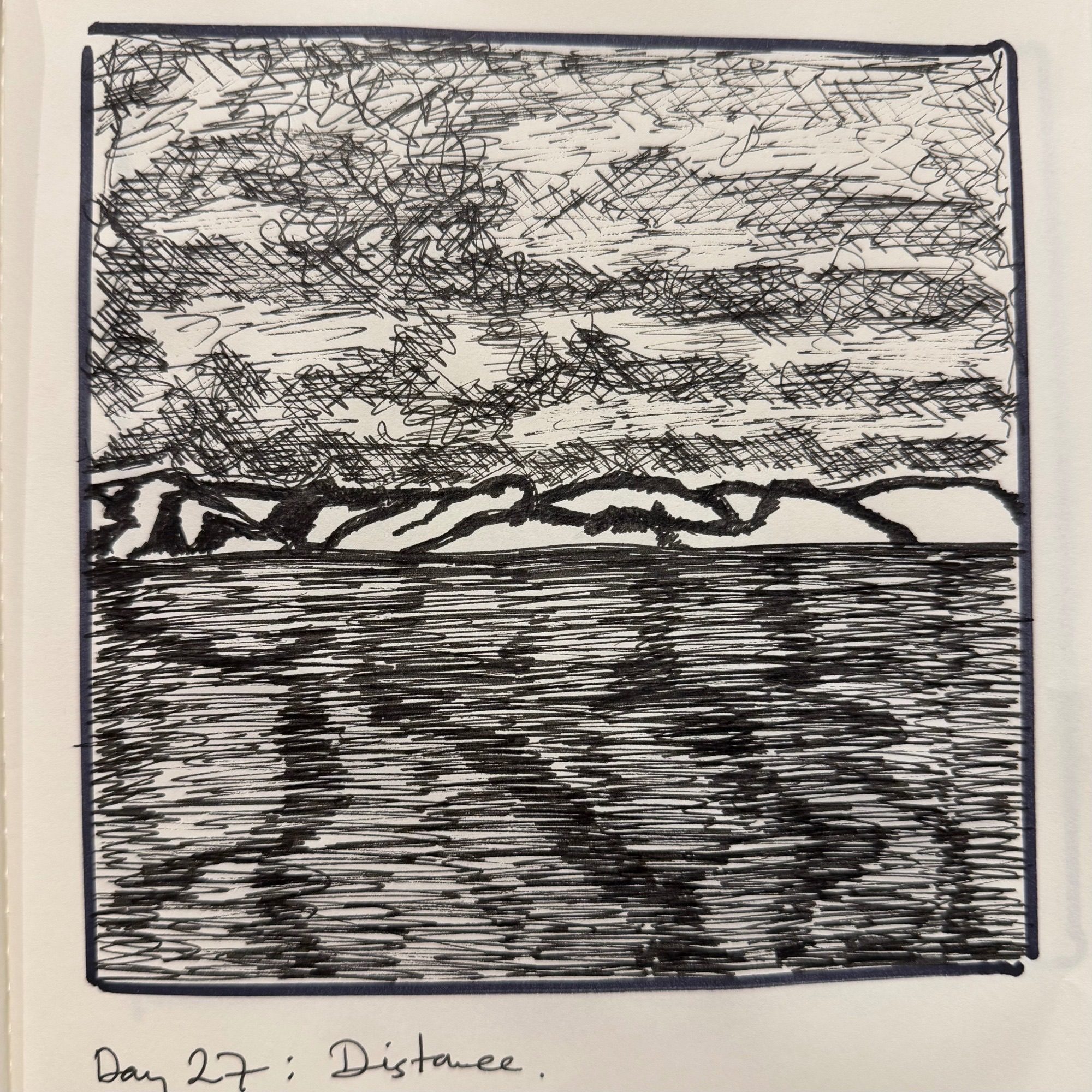 Ink sketch of a dark sea, dark clouds sandwiching a distant range of mountains