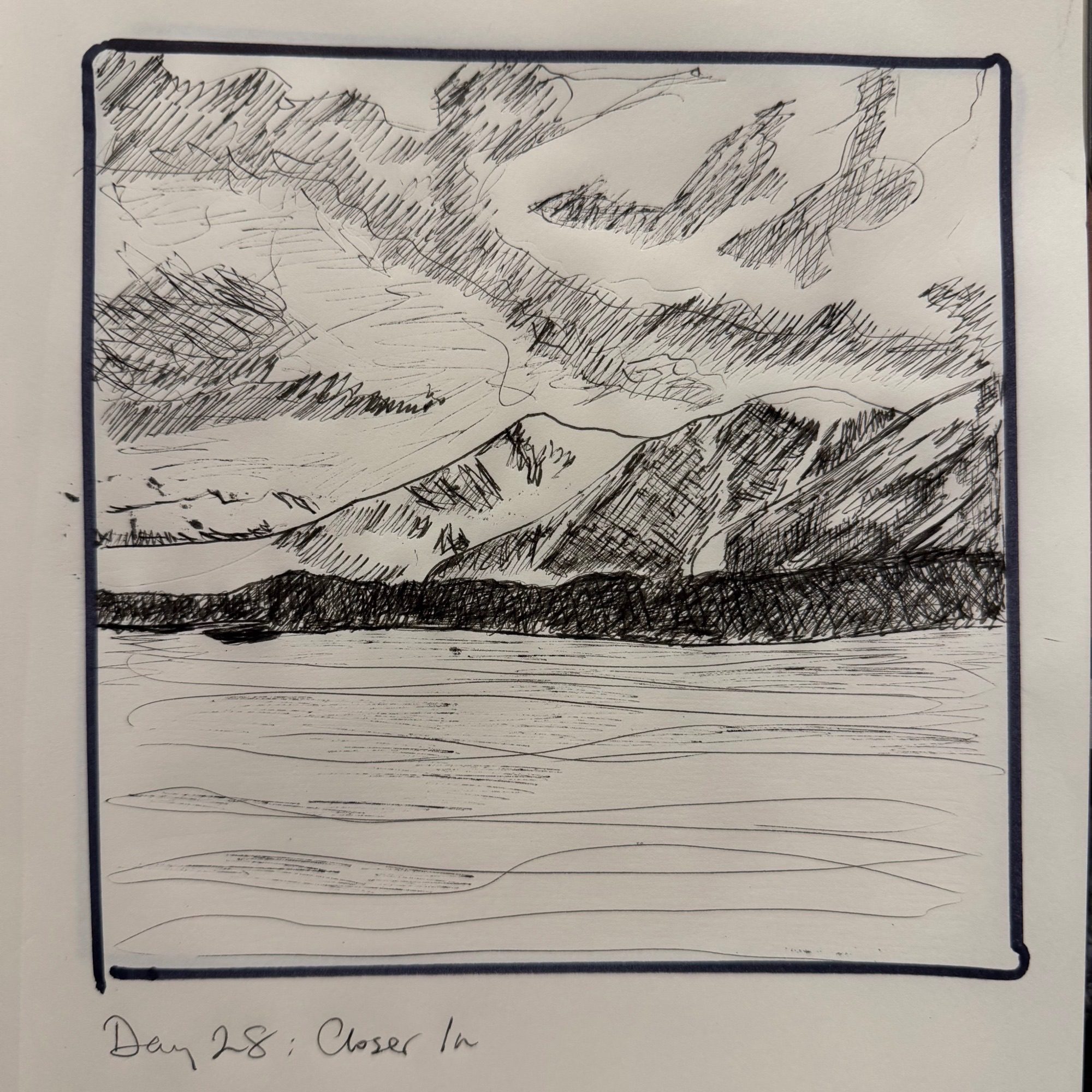 Ink sketch of snowy peaks, a gravel shoreline and clouds stretching down