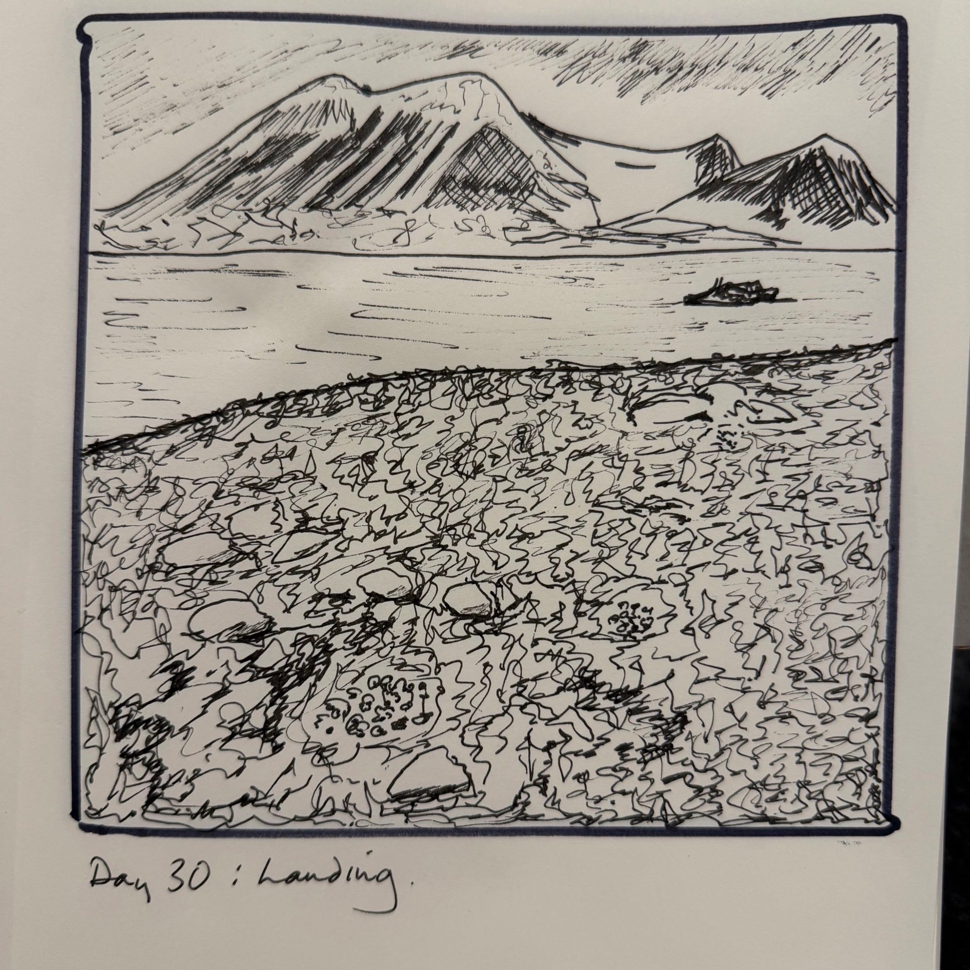 Ink sketch of an Arctic beach with distant snowy mountains and a calm sea