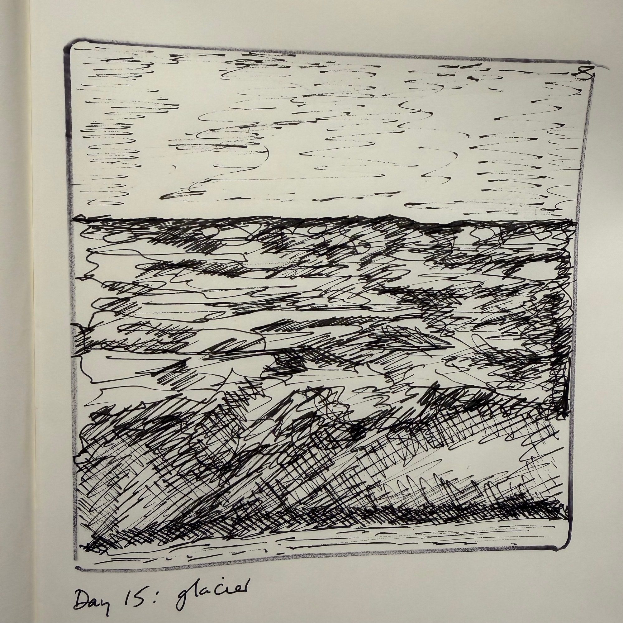 Ink sketch of the rough layers of ice sky/glacier/sea … and nothing else