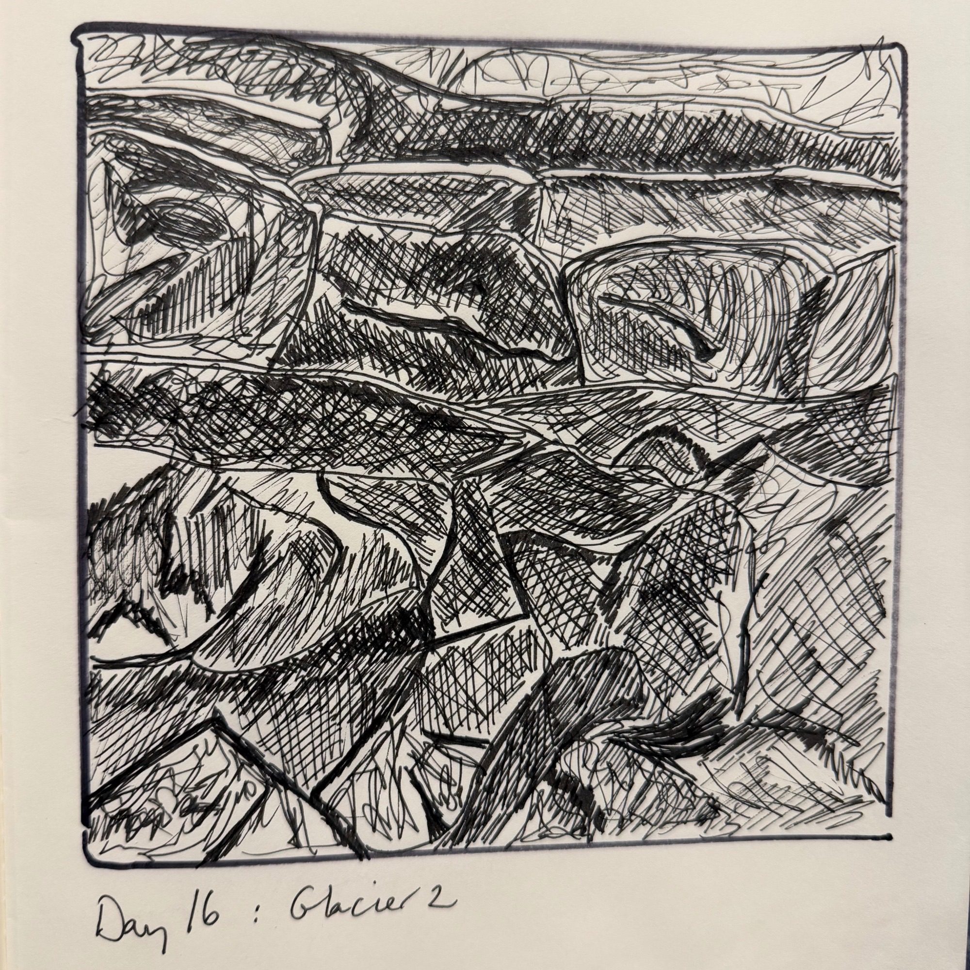 Ink sketch taking a closer look at the layers, ridges blocks and swirls of a glacier on Svalbard
