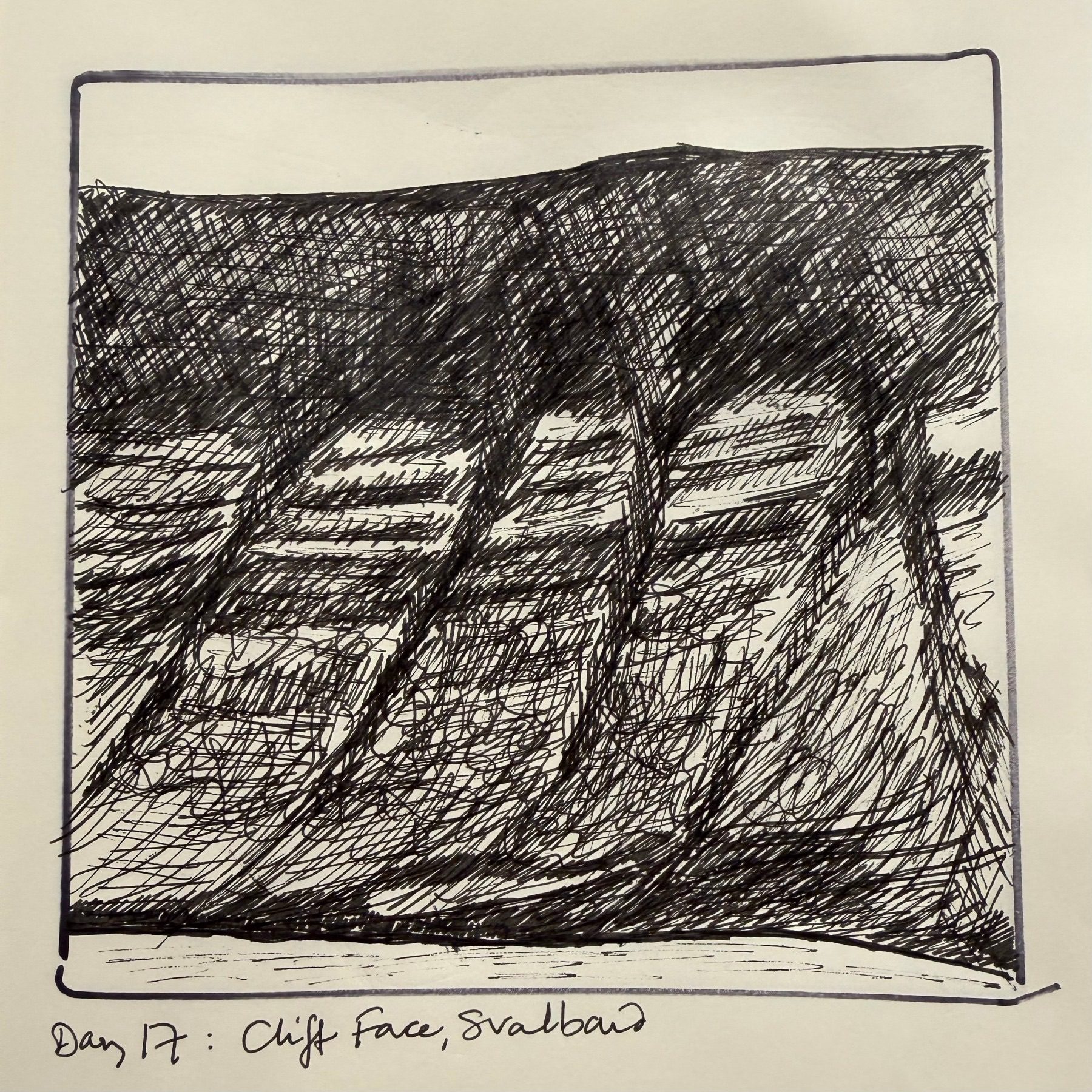 Ink sketch of dark arching patterns in the high cliff face