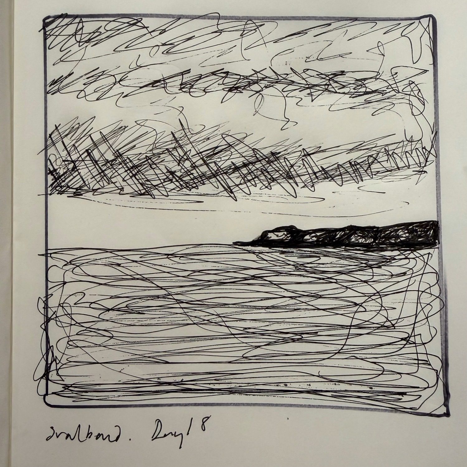 Ink sketch of the edge of an island … all then left is sea and sky