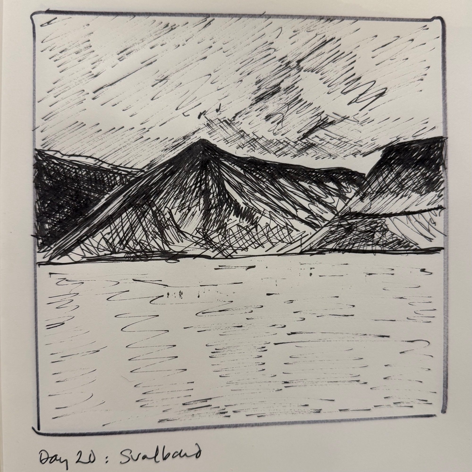 Ink sketch of cliffs stretching down to the sea… a few patches of snow linger