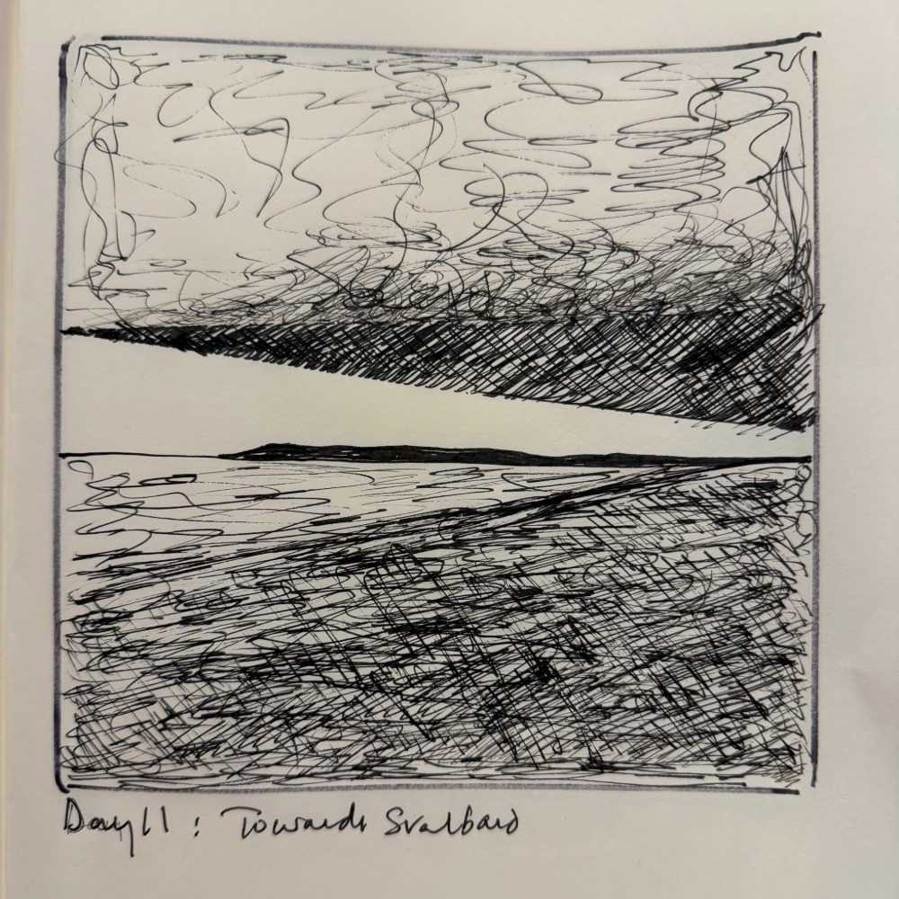 Ink image of shaft of sky echoed in clouds and sea