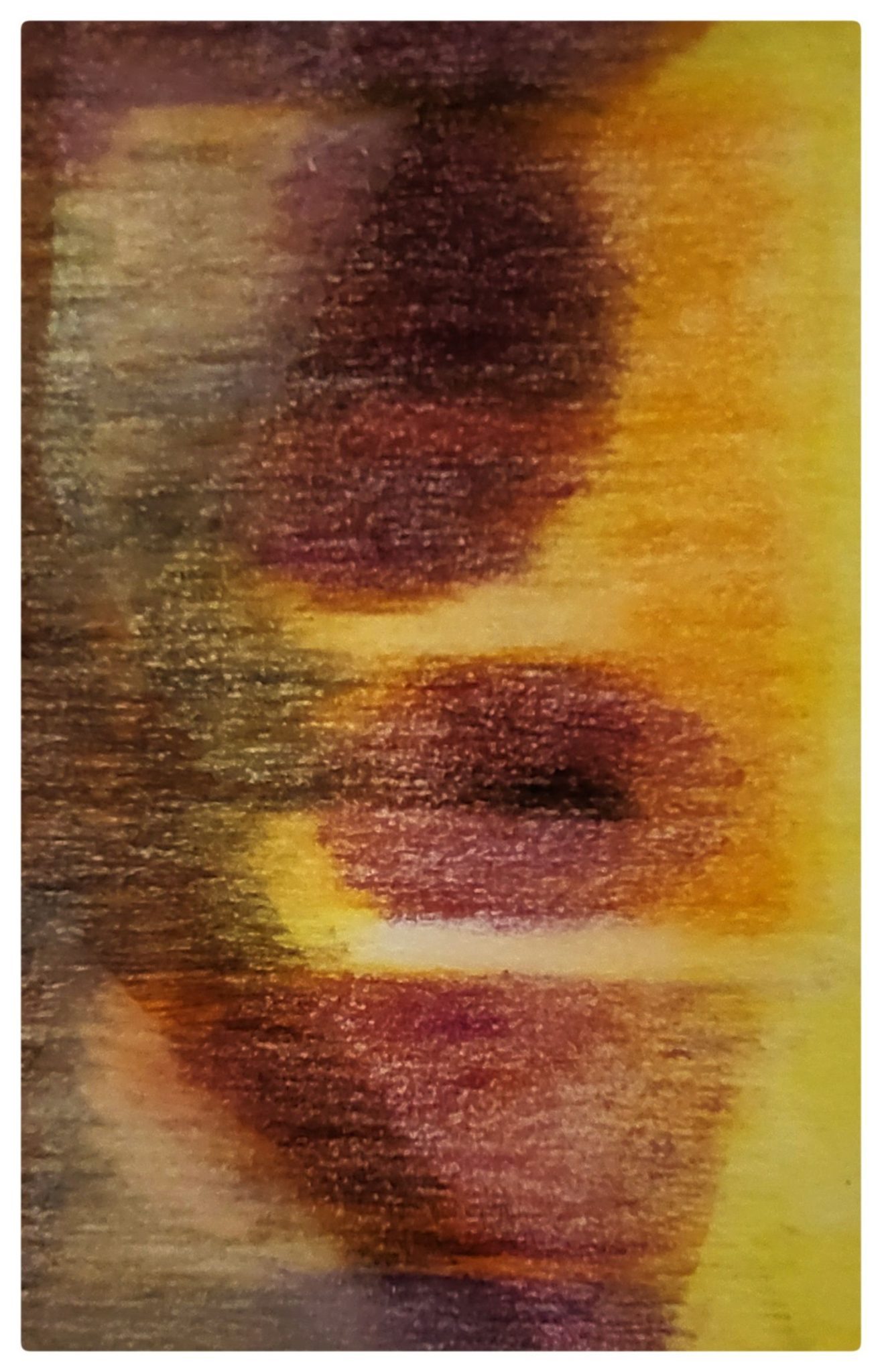 A warm stylised drawing of abstract shapes that evoke a figure and a cityscape