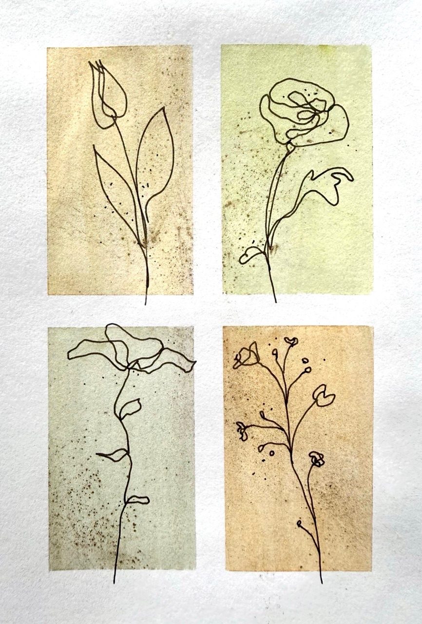Colour wash with line drawing of flowers