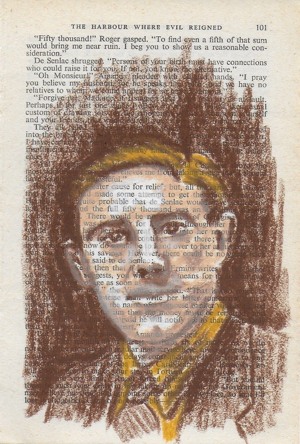 Oil pastel drawing in shades of brown of my great uncle Bob on vintage book page
