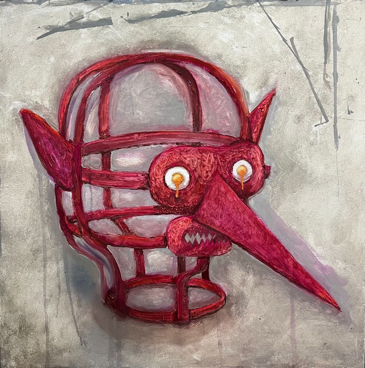 Oil painting of a scold's bridle in reds and pinks with runny fried egg eyes, on a gray backdrop