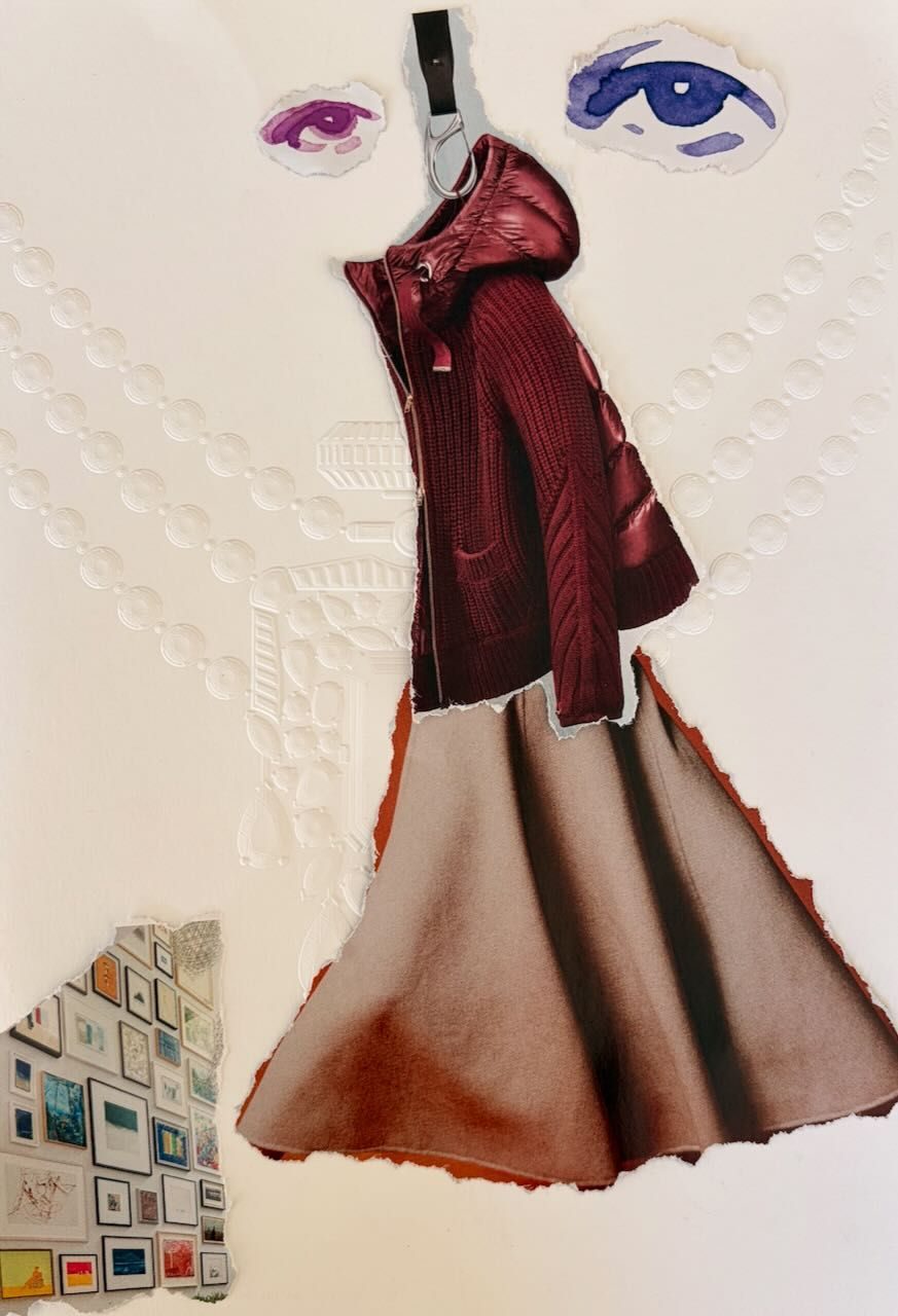 photo collage of top, skirt, and two different coloured and sized graphic eyes