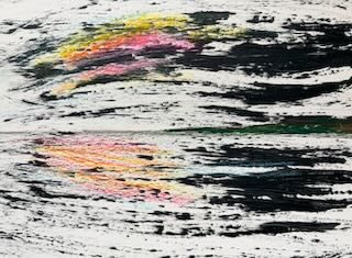 photo of abstract landscape made up of black lines with splashes of yellow, pink, blue and green