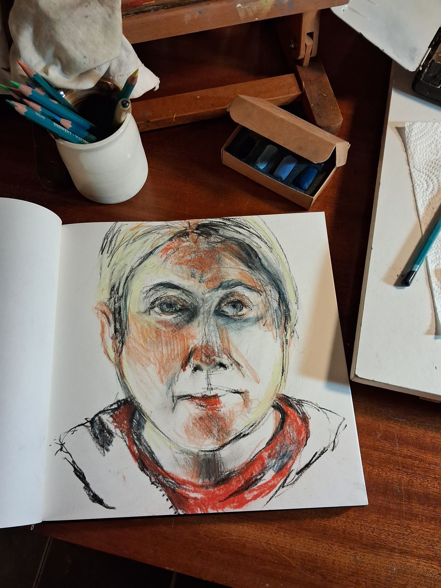 Self portrait in pastel and black chalk on paper
