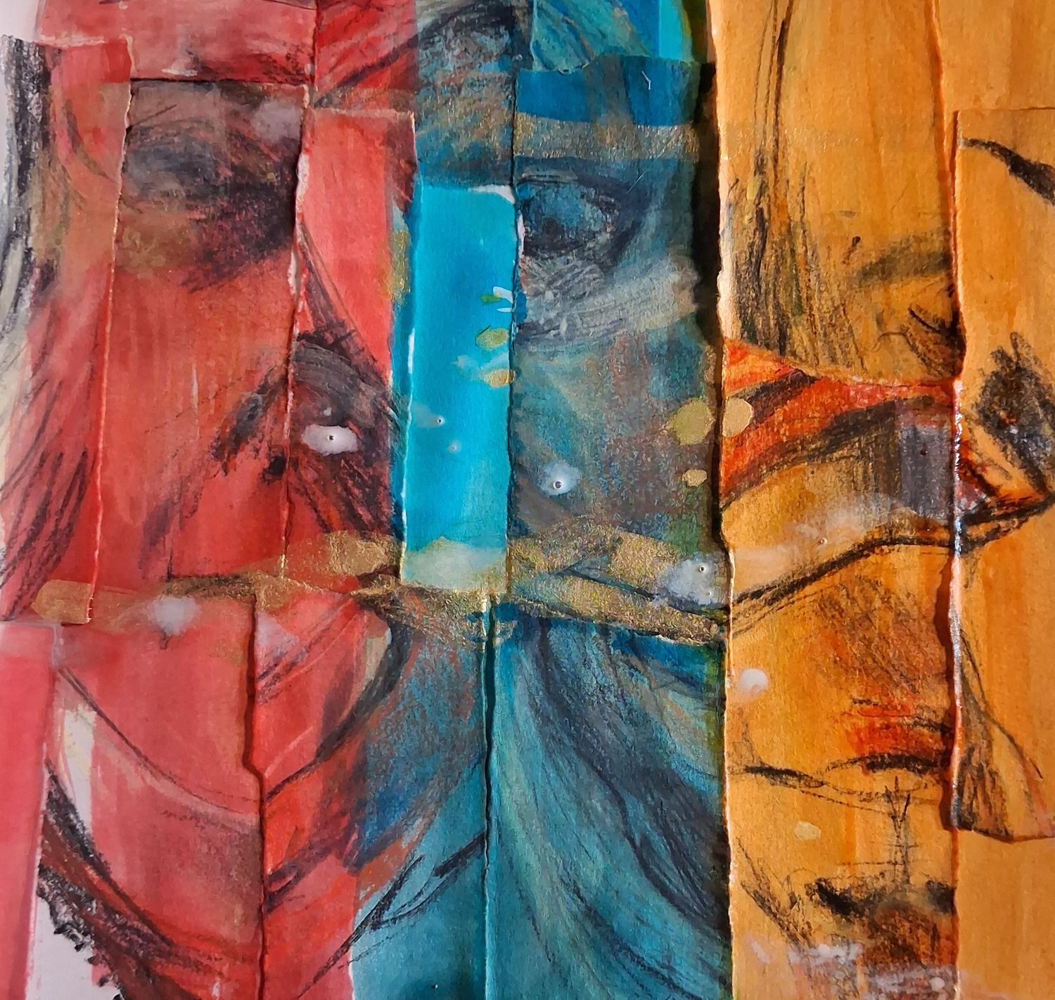 Collage with red, blue and yellow ink stripes