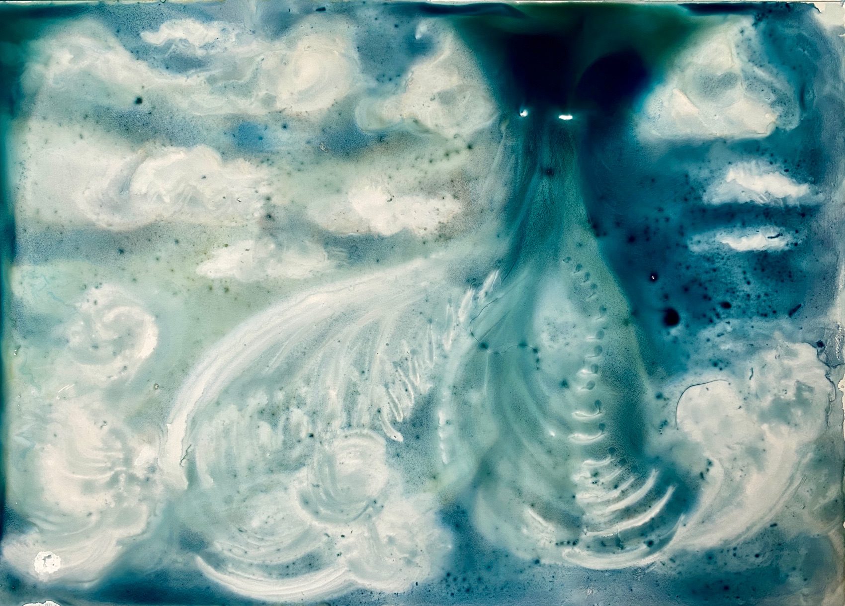 Bluey watercolour on yup paper. Nebulous sea and sky with a bird like sea creature/ goddess rising up from the waves