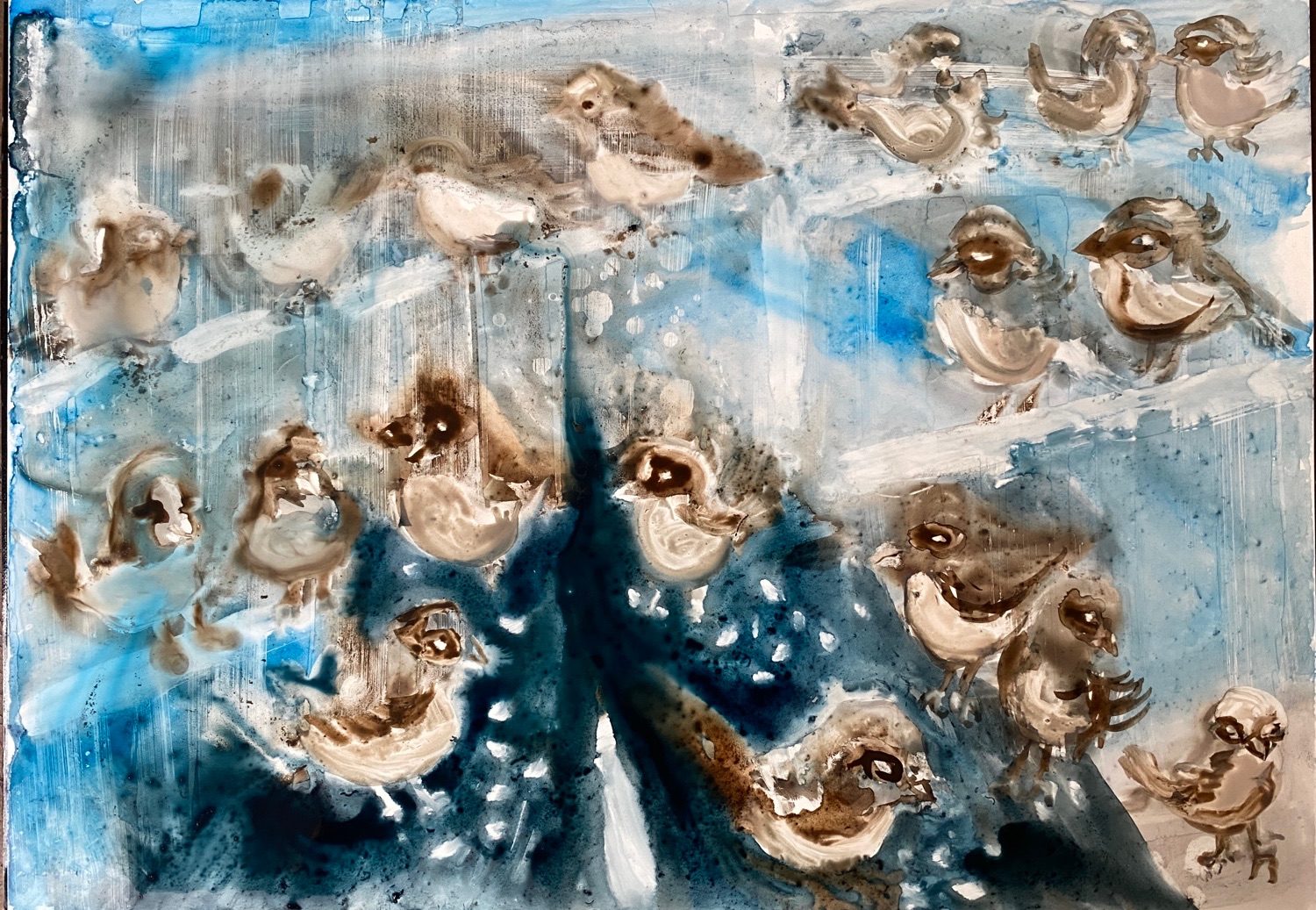 watercolour on yup paper. dark navy leggings with sparrows eating cashews in the foreground. rows of sparrows on railings in the background.