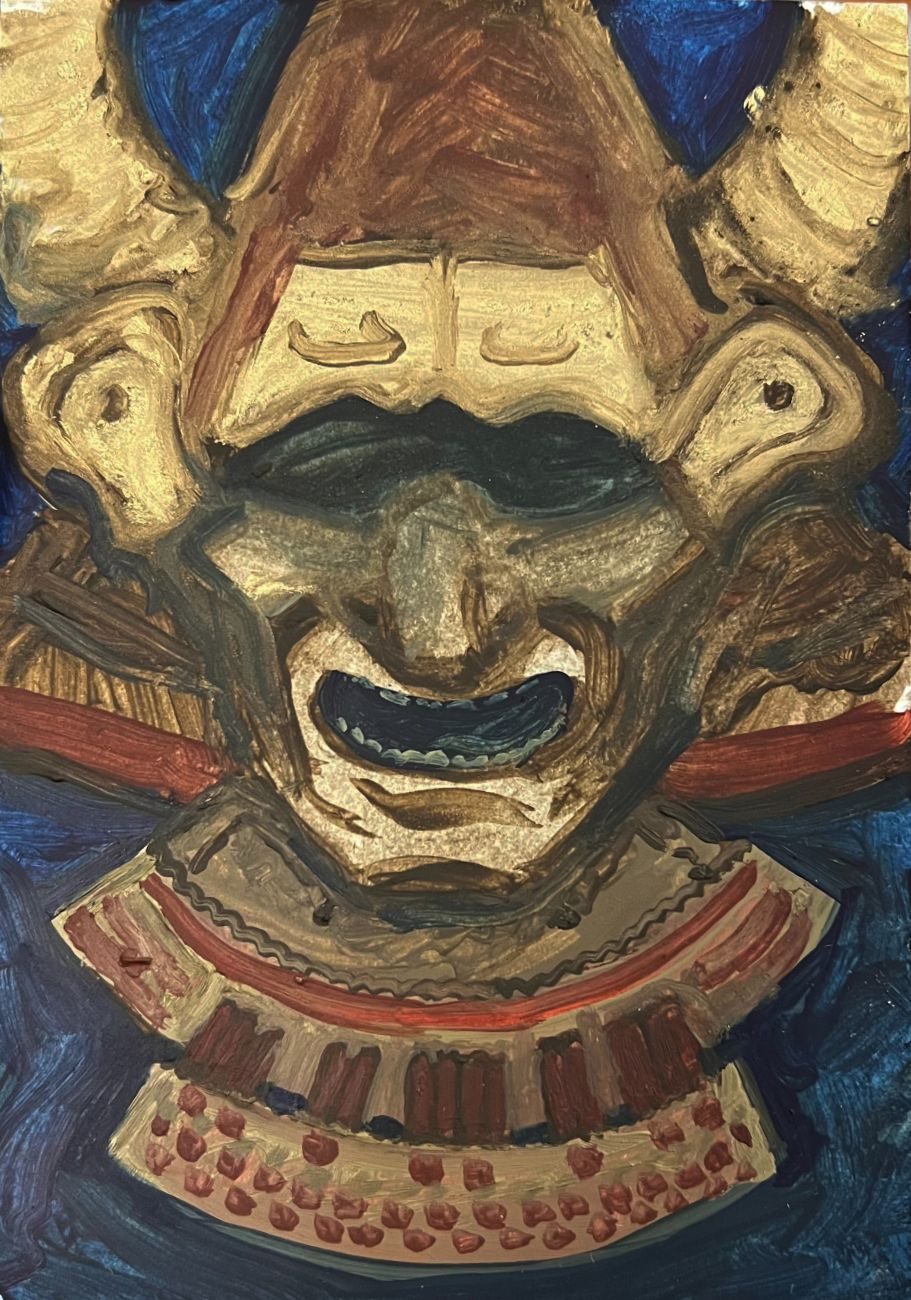 Oil painting of a samurai helmet and mask
