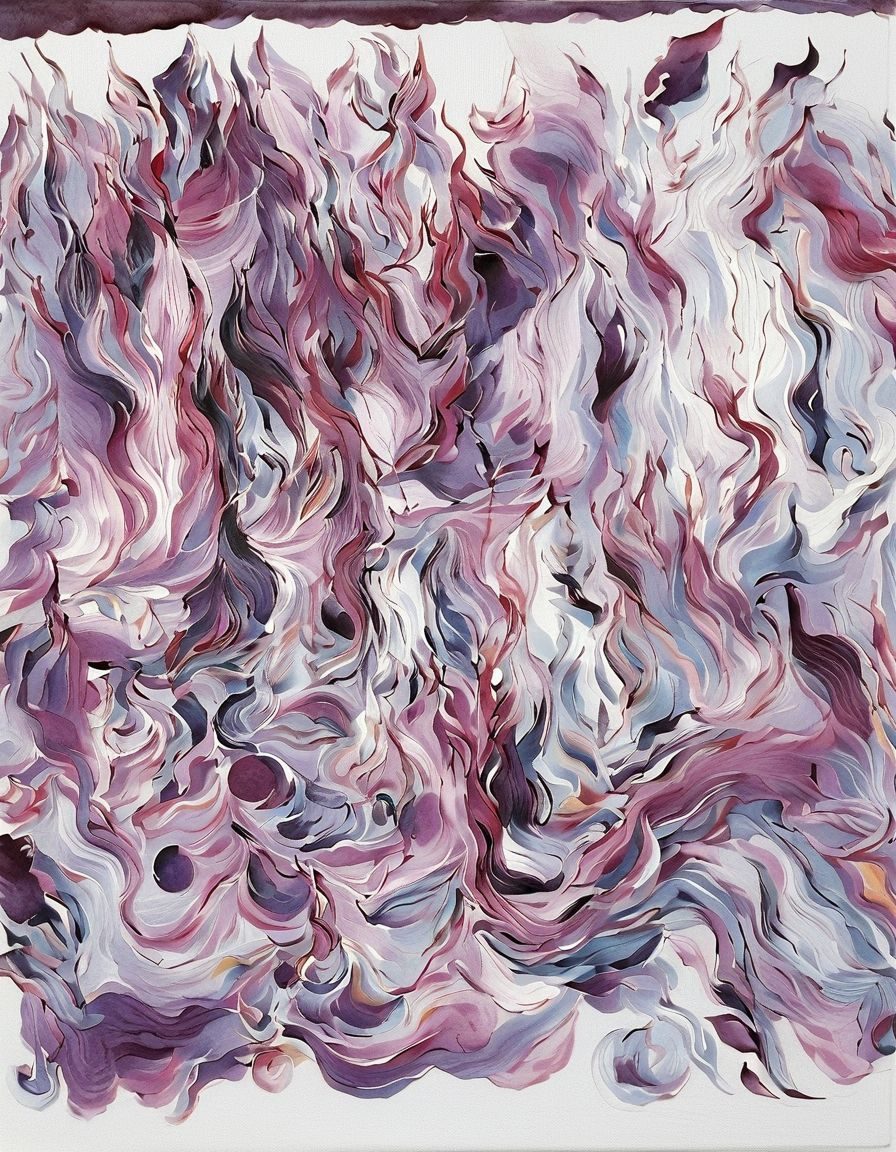 An acrylic abstract painting in purple, white and black that resembles fire
