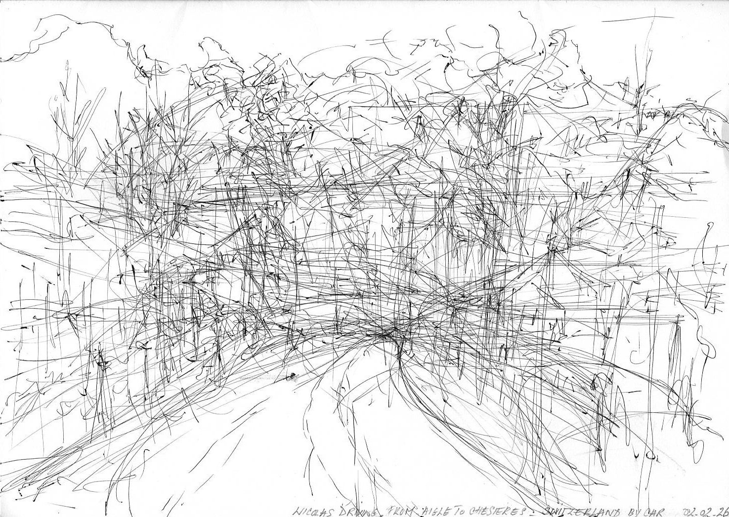 Observation drawing as passenger in a car. I draw what I see but what I see change constantly. At the end it is the drawing of a journey (from aigle to Chésières in the present case) black ball pen on paper.