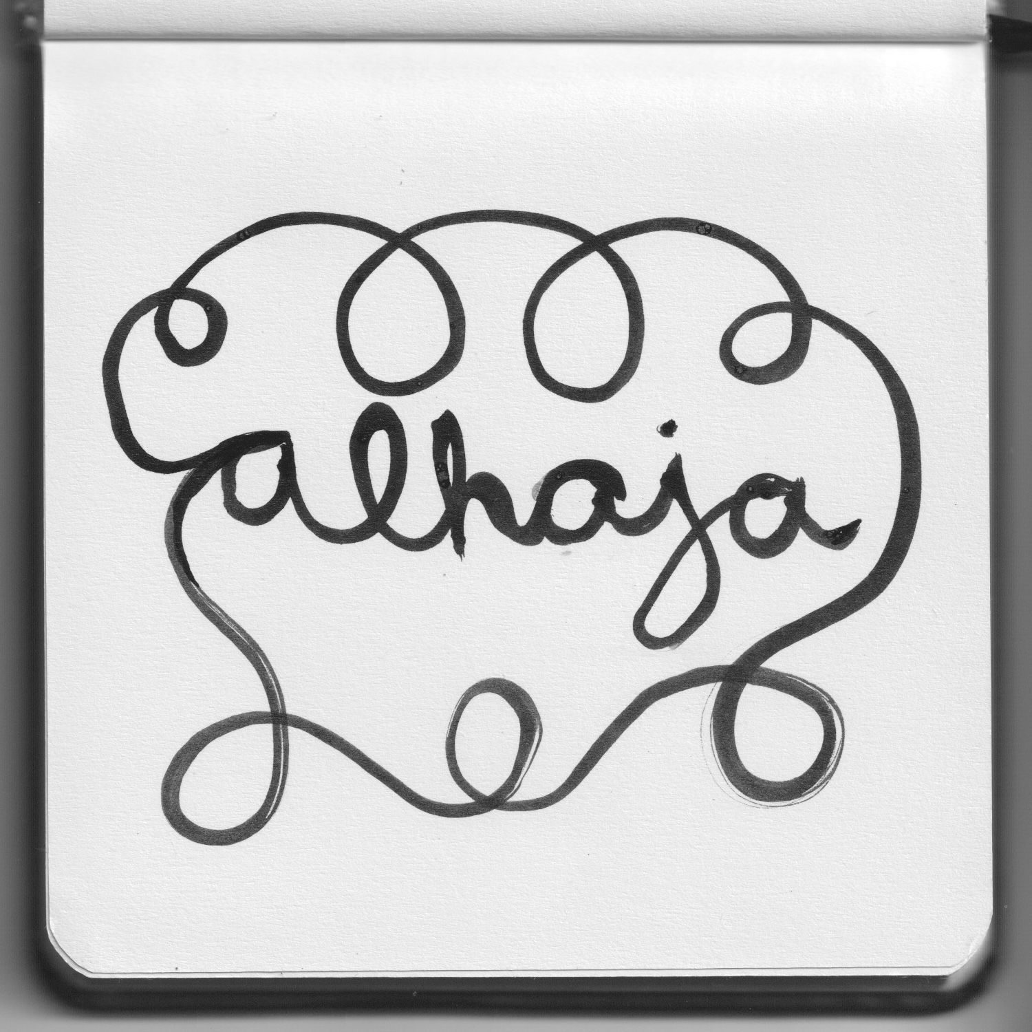 Black and white scan of single stroke ink drawing in sketchbook page.