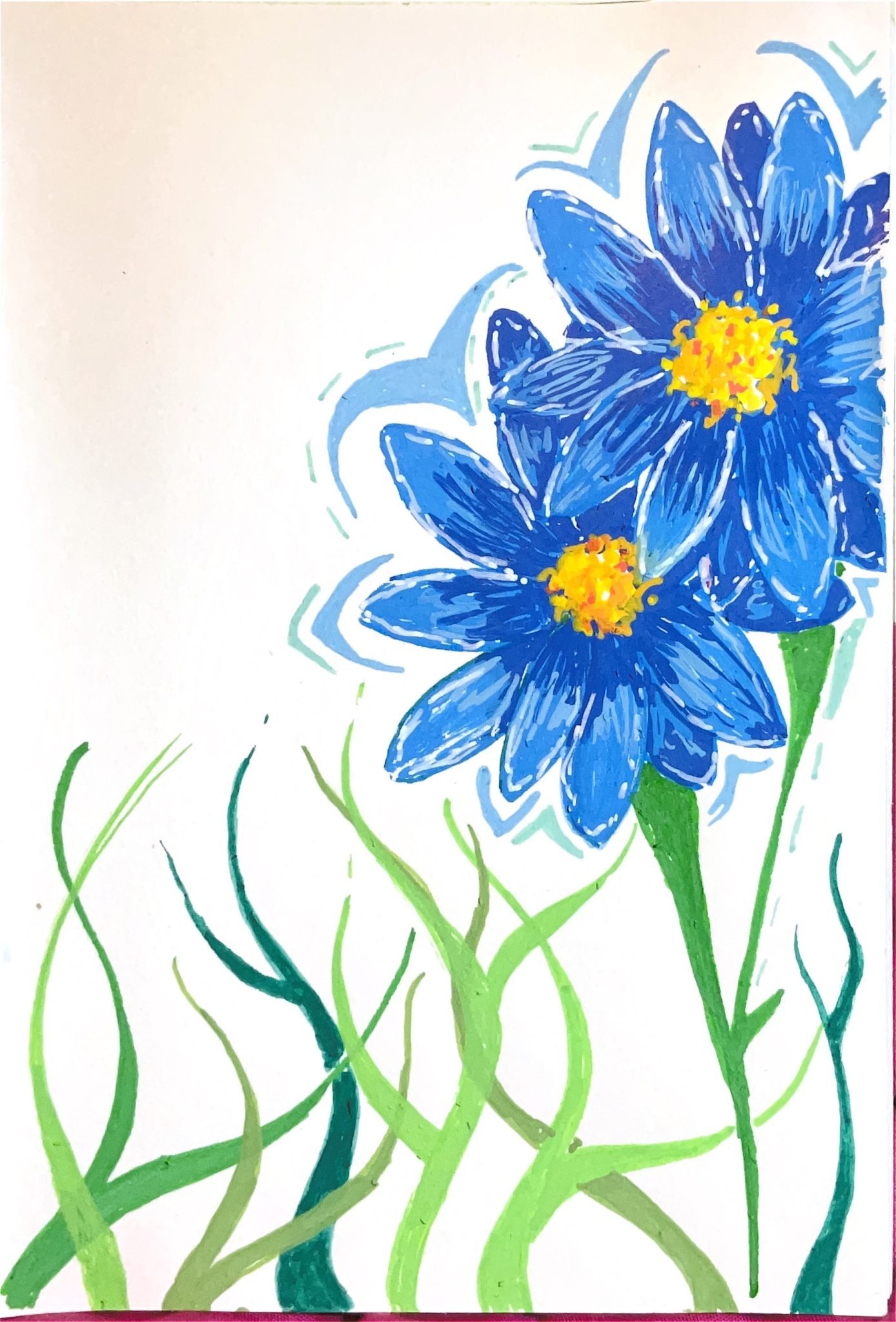 Acrylic pen - blue flowers and grass