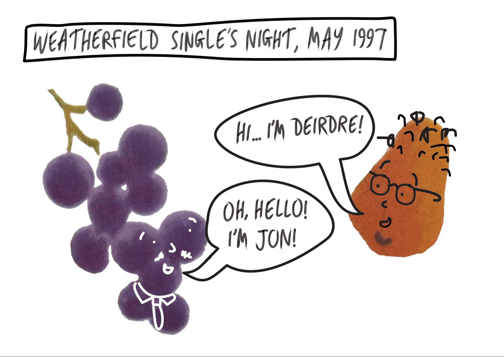 A scene depicting a single's night. Deirdre introduces herself to Jon.