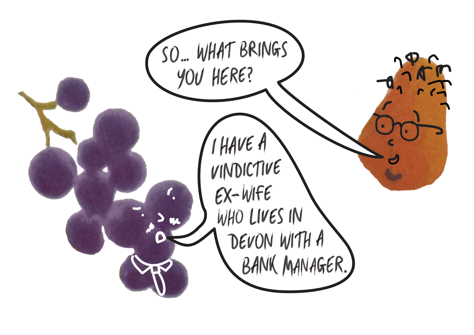 A digitally-drawn scene depicting a single's night. Deirdre asks Jon what brings him here and he tells her about his vindictive ex-wife living in Devon with a bank manager.