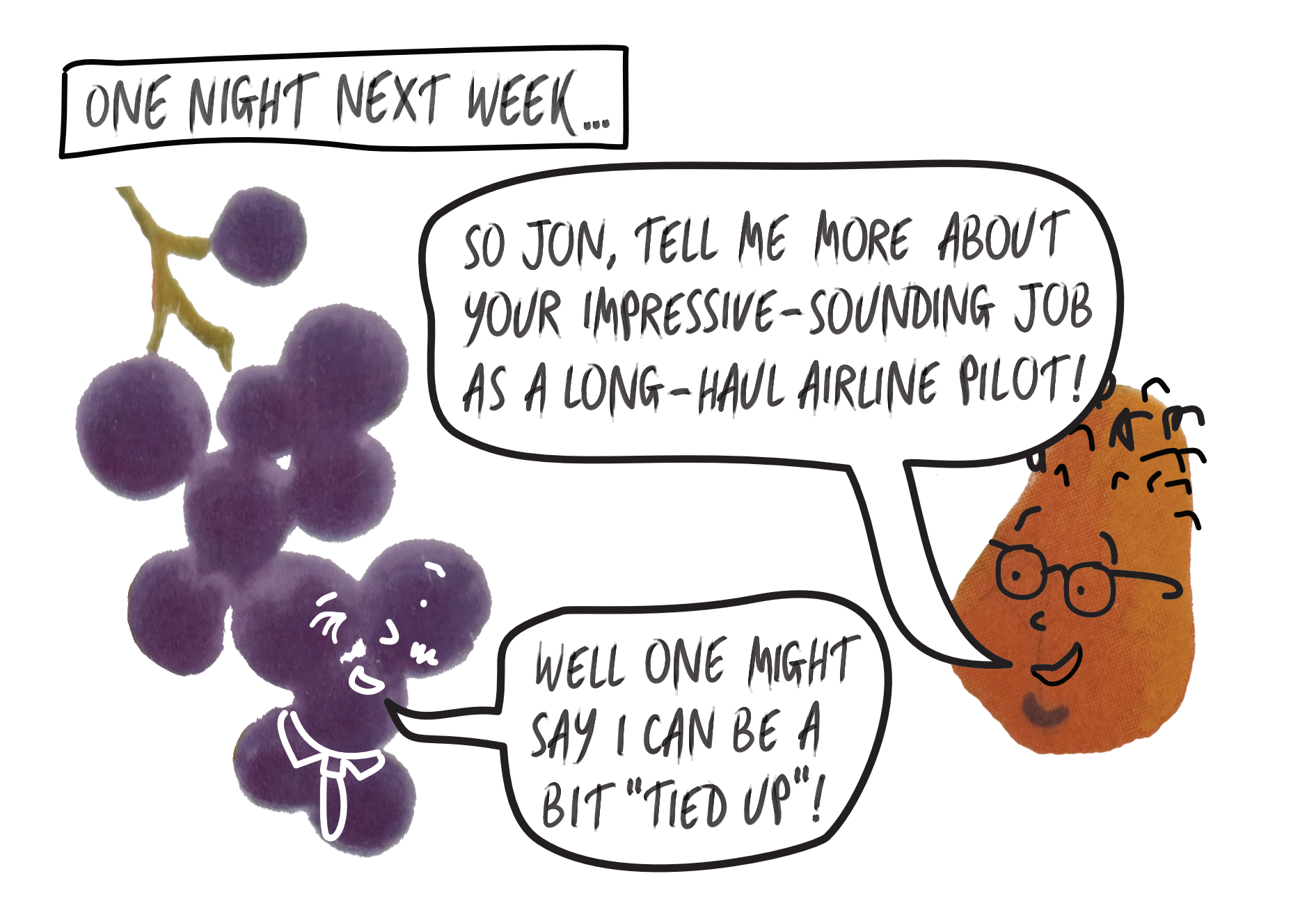 A digitally-drawn scene depicting a single's night. Deirdre asks Jon about his job.