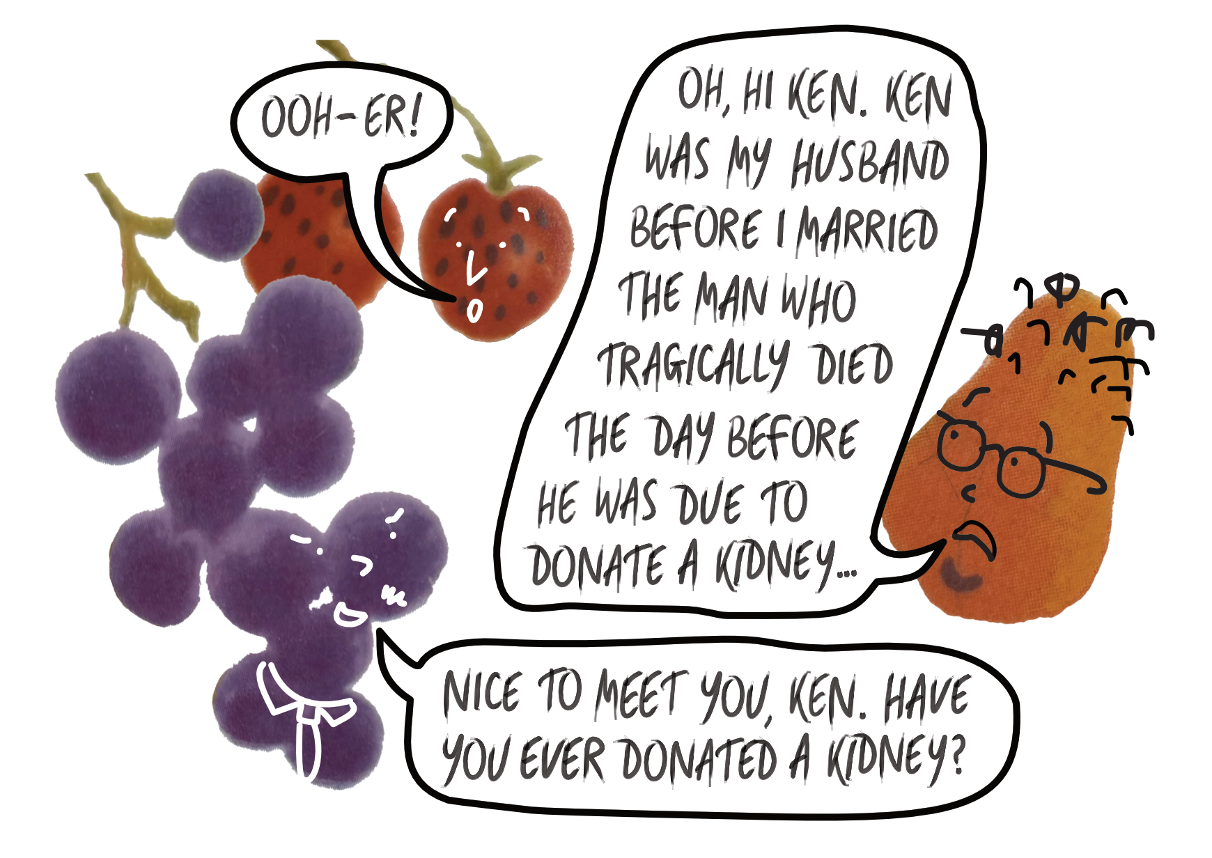 A digitally-drawn scene depicting a date. Deirdre's ex-husband Ken bumps into her and Jon.