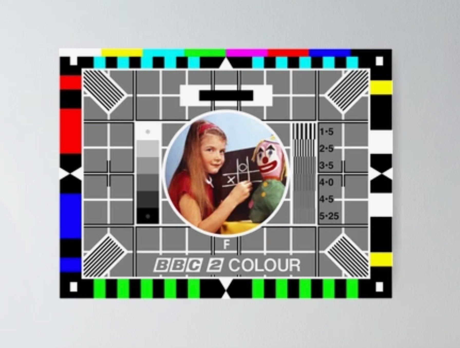 Image of the original BBC2 test card showing a girl drawing on a blackboard surrounded by multicoloured shapes designed to test colours.