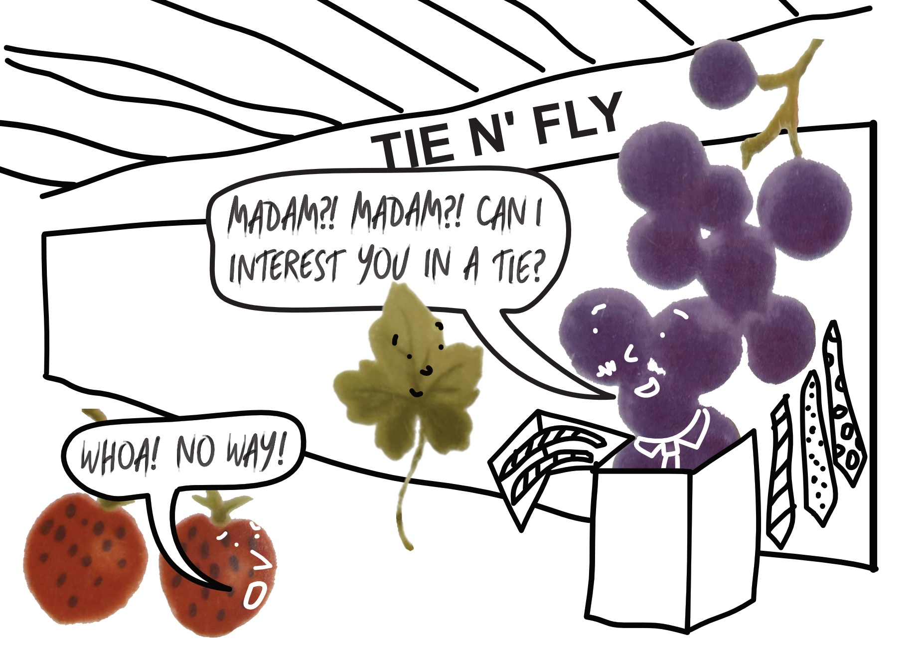 A digitally-drawn scene depicting the inside of Manchester Airport. Ken spots Jon selling ties even though he's supposed to be a pilot.