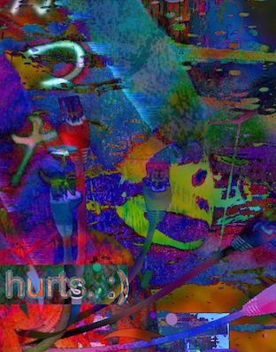 Rainbow coloured glitched image. It is all abstract shapes, not much is legible apart from subtitles that say 