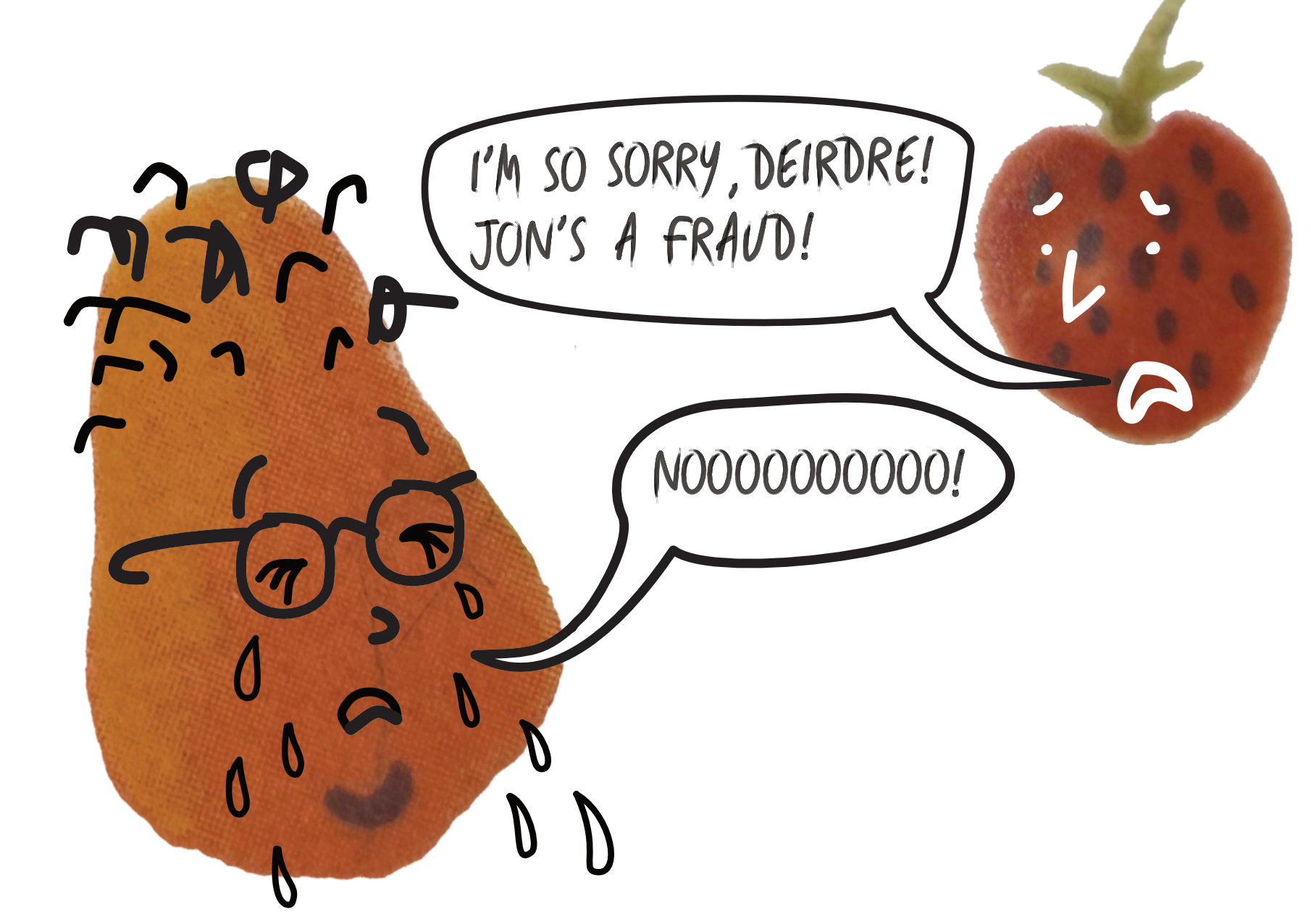 A digitally-drawn scene depicting Ken telling Deirdre that Jon is a fraud. Deirdre cries.