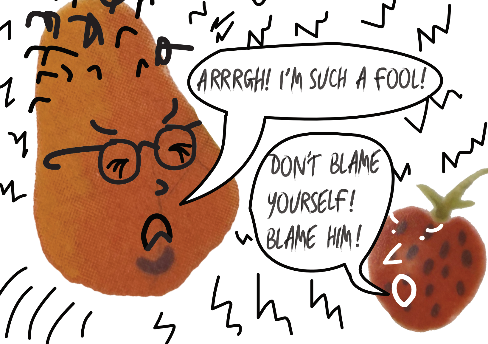 A digitally-drawn scene depicting Deirdre getting angry at herself for believing Jon,