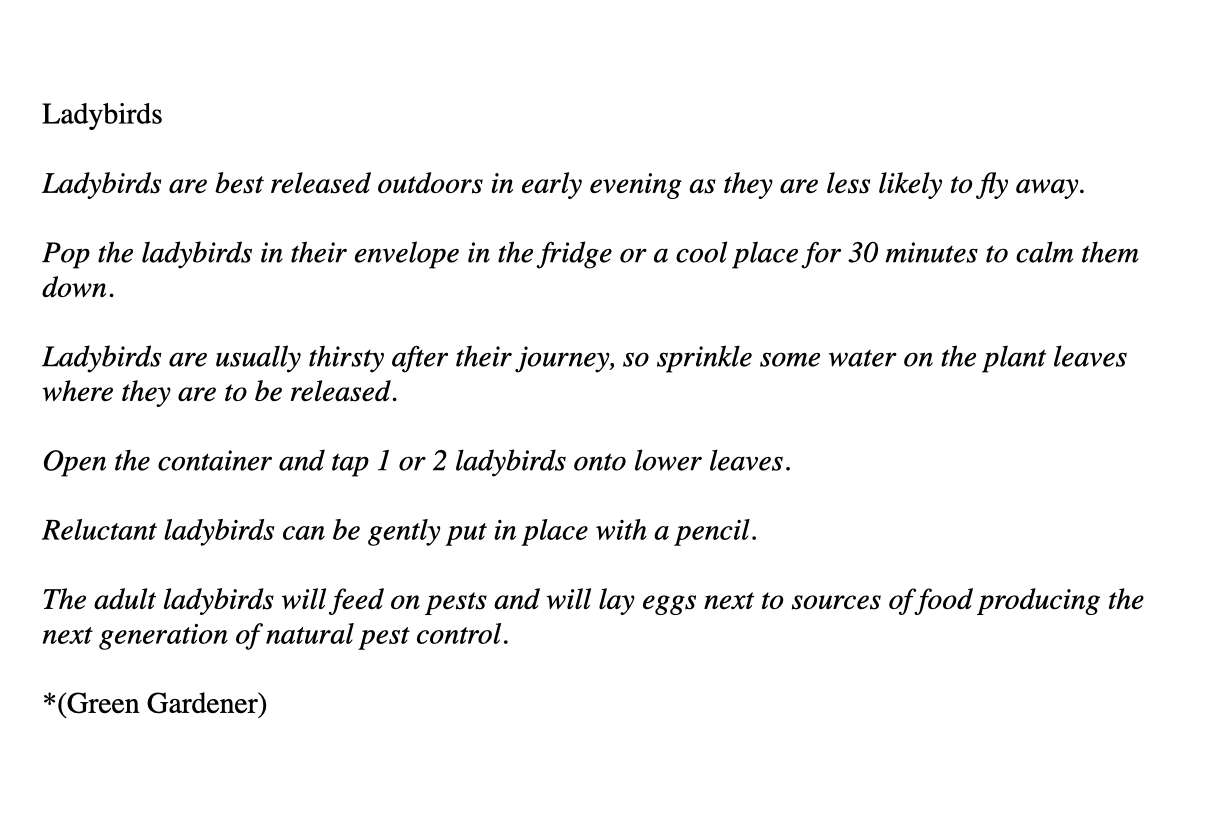 Step by step instructions on how to release ladybirds into your garden for pest control.