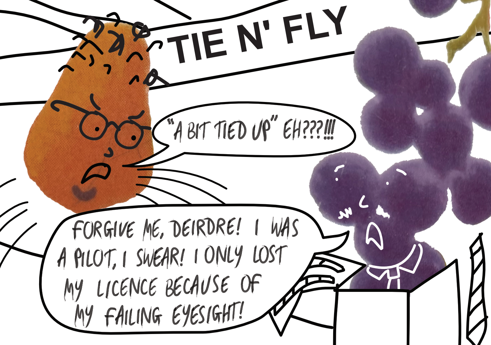 A digitally-drawn scene depicting Deirdre getting angry at Jon for lying about his job.