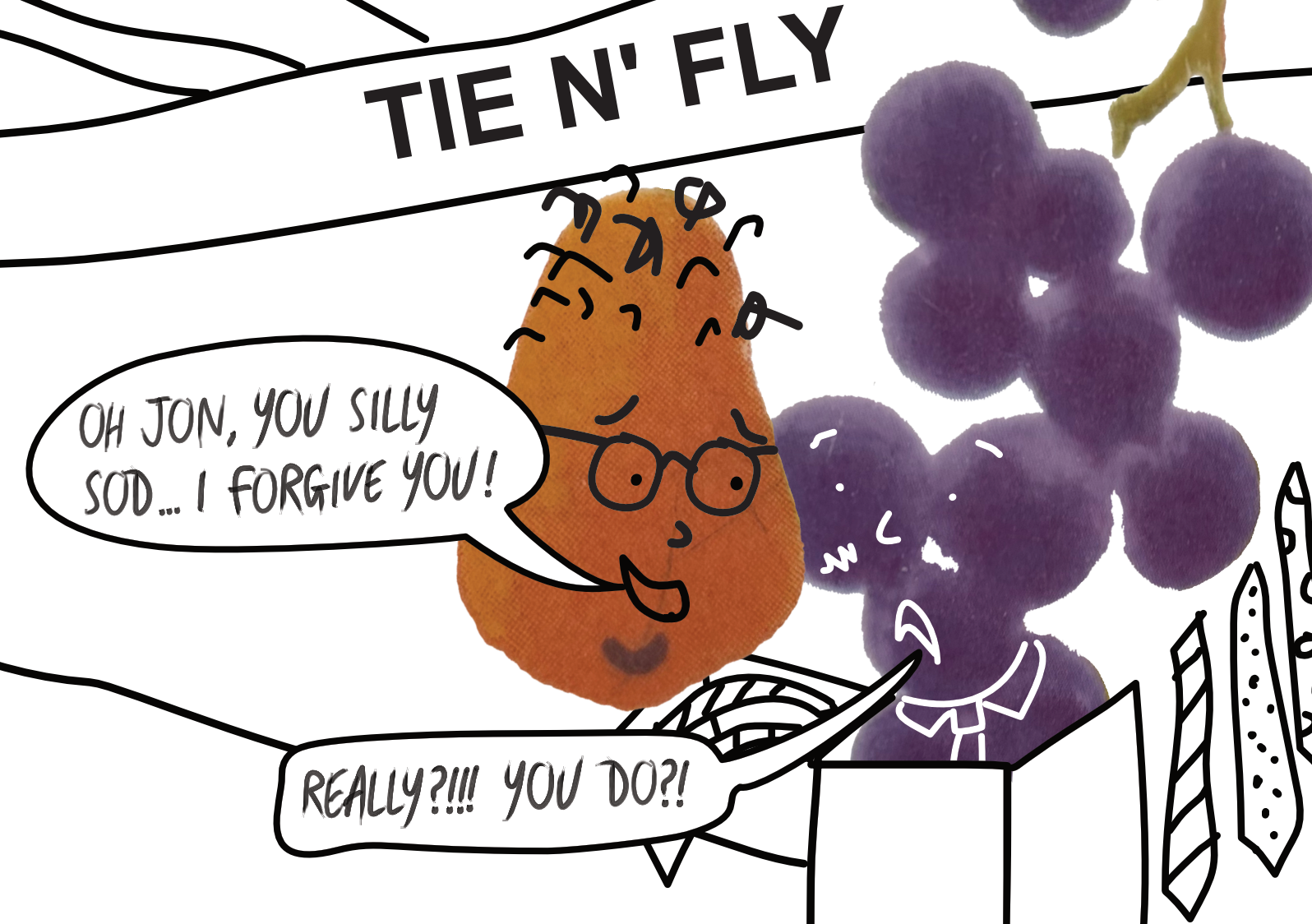 A digitally-drawn scene depicting Deirdre forgiving Jon for lying about his job.