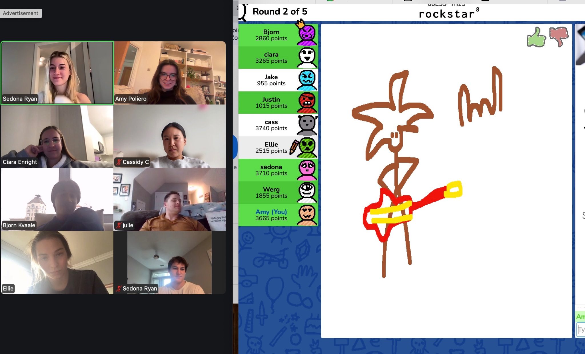 Screenshot of people on facetime playing an interactive pictionary game online