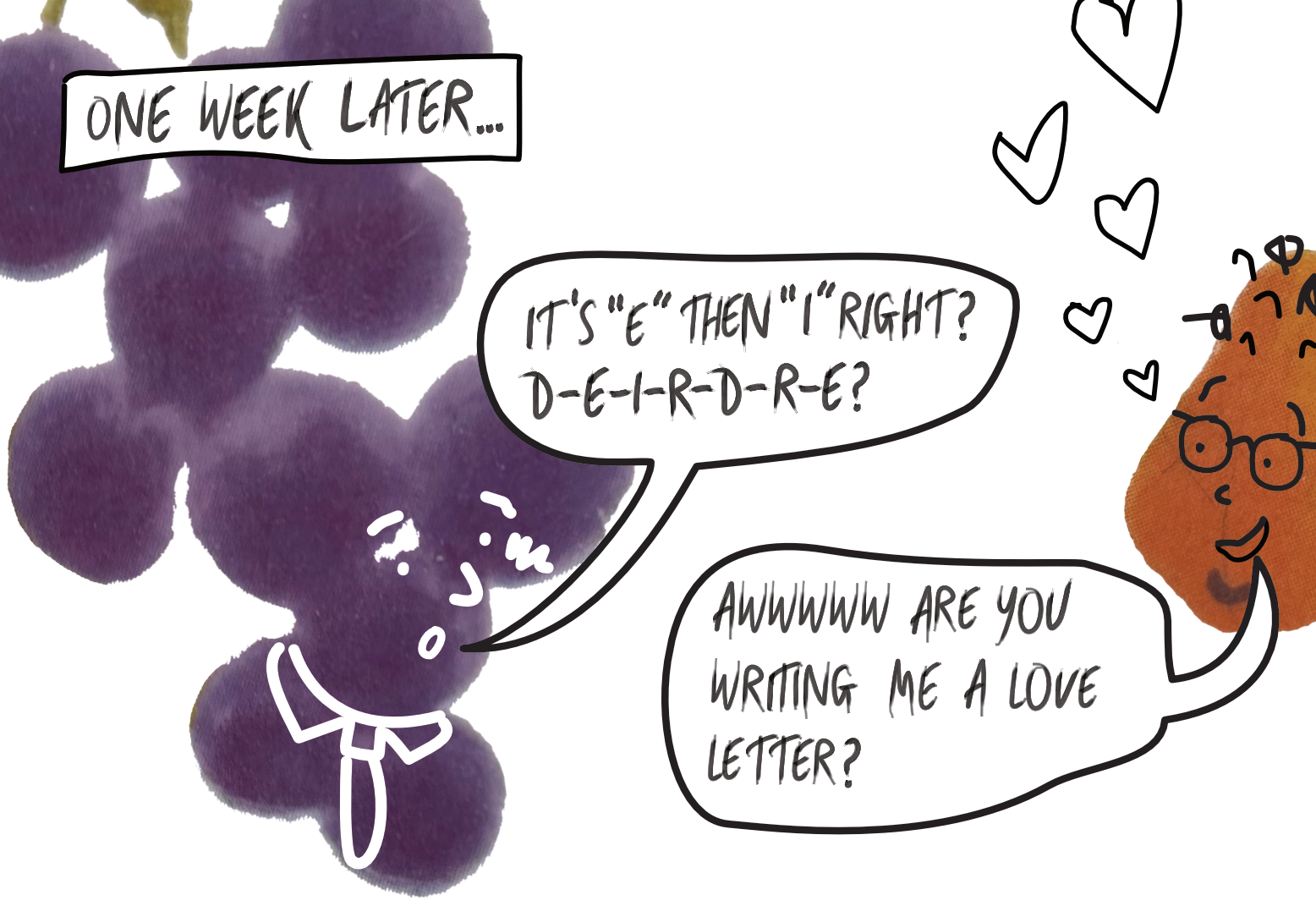 A digitally-drawn scene depicting Jon checking the spelling of Deirdre's name.