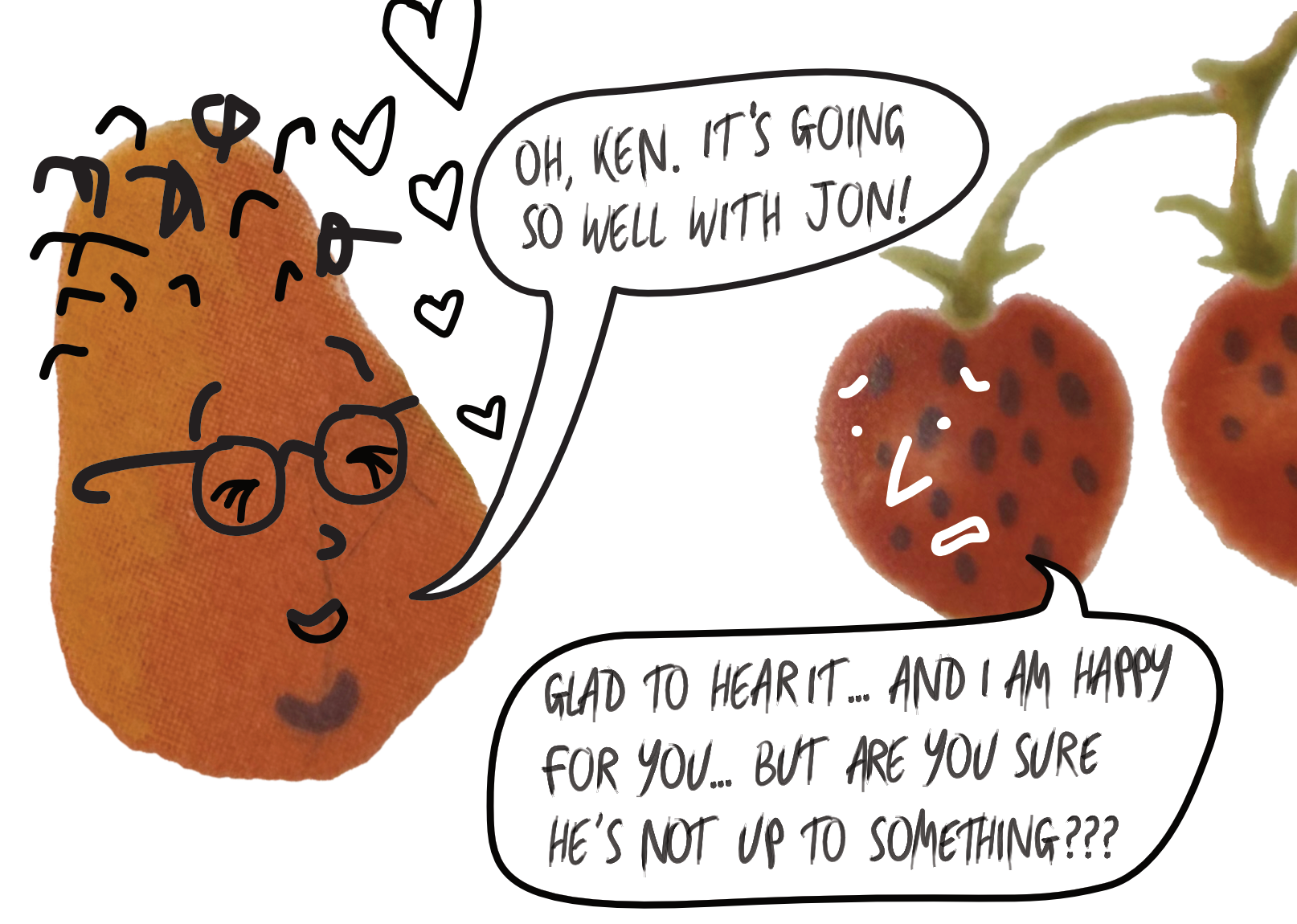 A digitally-drawn scene depicting Deirdre telling Ken how well it's going with Jon.