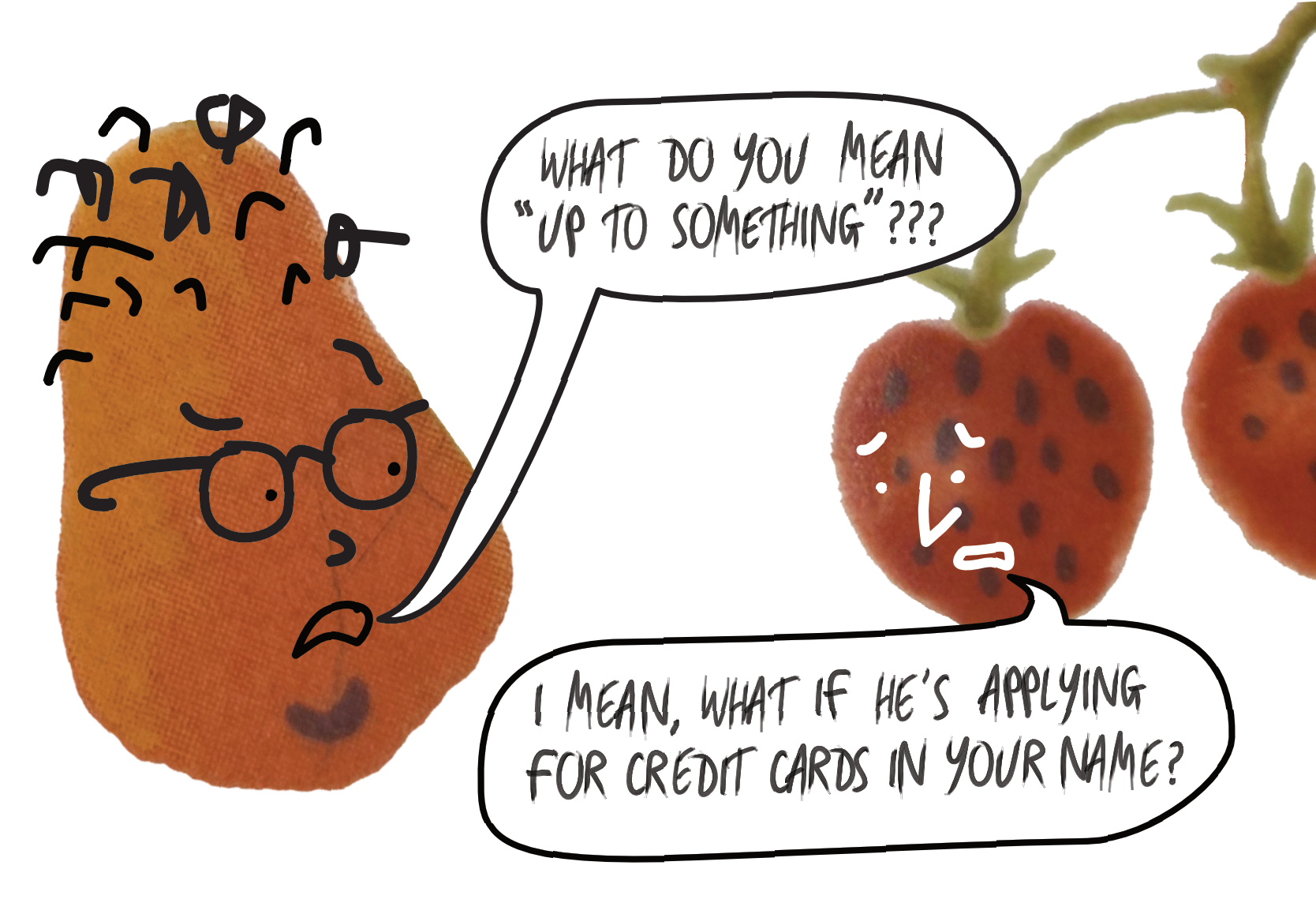 A digitally-drawn scene depicting Ken querying how much Deirdre should trust Jon.