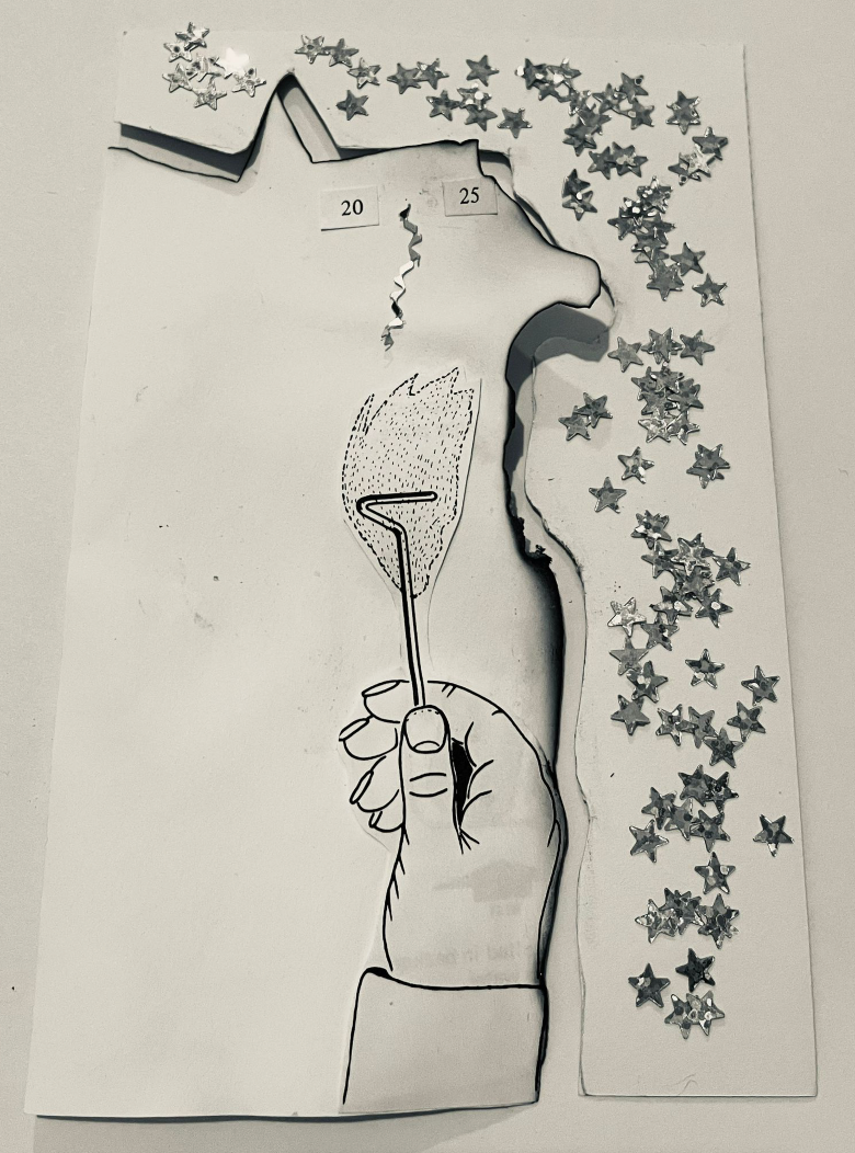 Portrait paper, cut in half. On the left is text 