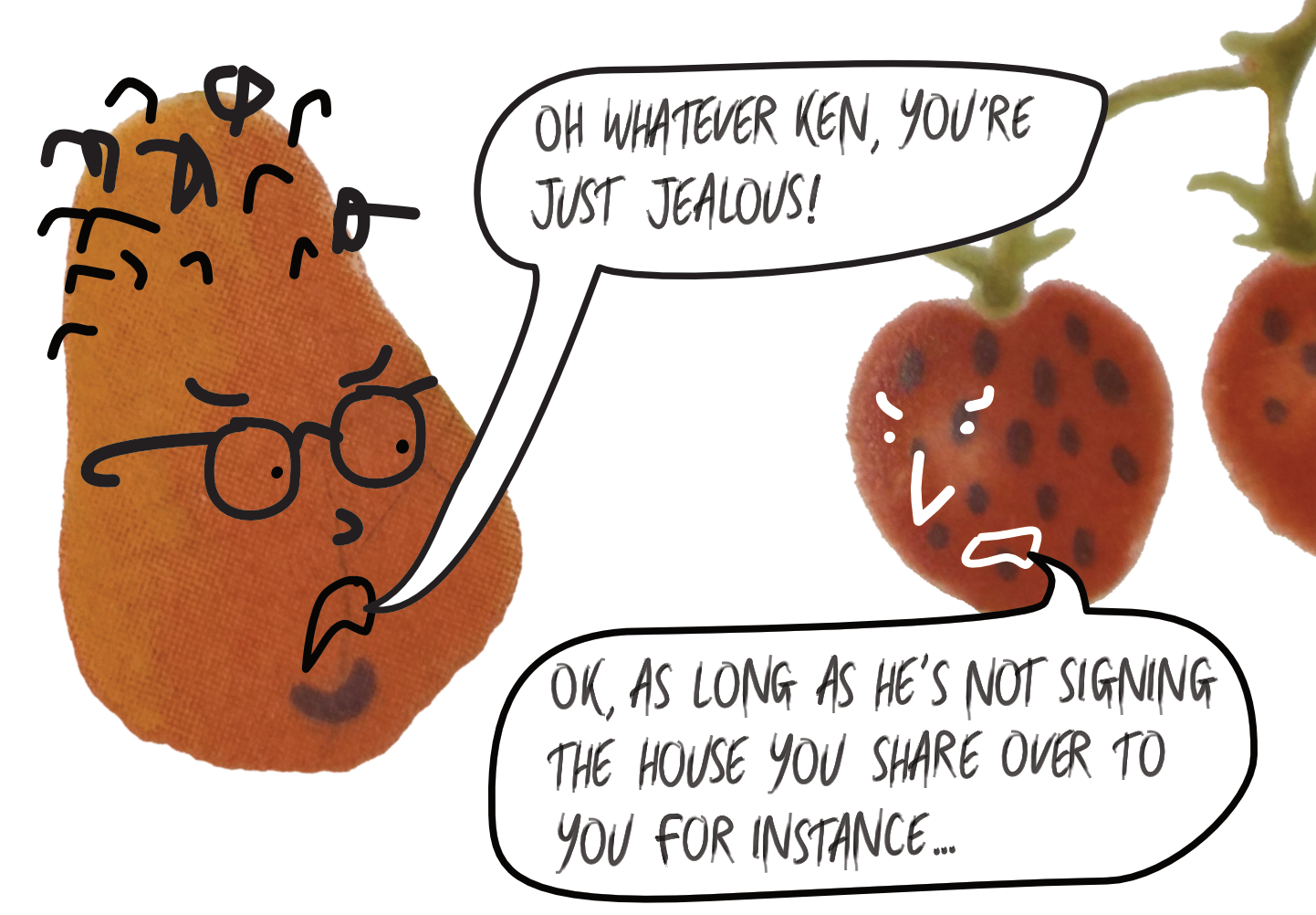 A digitally-drawn scene depicting Deirdre's and Ken arguing over Jon.