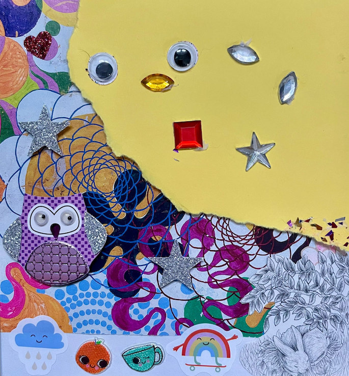 Square image. Top right hand side has yellow paper, ripped into the middle. Silver, red and gold gems stuck on. Two googly eyes. Background has lots of different colours and squiggles on. Bottom right corner n illustration of a black and white rabbit and tree. Stickers on the bottom form a border - a cloud with a smiling face, a glitter orange and blue tea cup with eyes, a rainbow skateboarding. Silver stars and hearts are stuck on the page, with a sticker of a pink and silver owl with googly eyes.