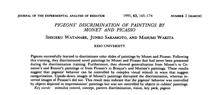 A Screenshot of the abstract from a research paper about pigeons' ability to discriminate between artists, and to recognise paintings by Monet and Picasso that they had not seen before, after the training.