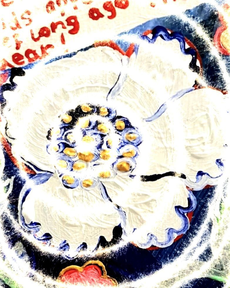 A large white flower with frilly edged petals outlined in thjn blue and gold pollen in the centre fills the background with the words long ago dear written in red on white above it andva large white gold soarkler spiral across the page on top of the flower