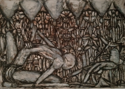 Here's, depicting a lurking hand tracing lines of a reading for the sitted figure. And nearby, a celestial being descends. At the background, we have the silent faces, watching silently.