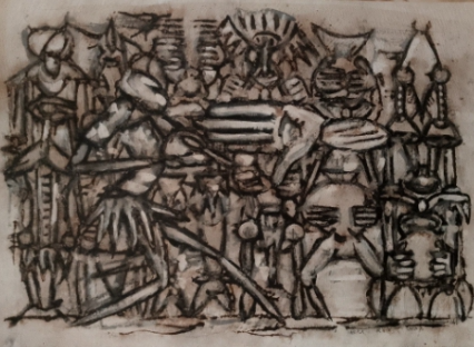 Here's, depicting man and his challenge. We  are under constant monitoring by what we may never know. Here, man is being confronted by a hand that's being lurking around him. While we have at the background, silent faces.