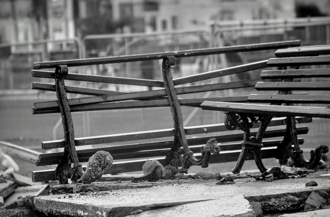 Broken bench, black and white