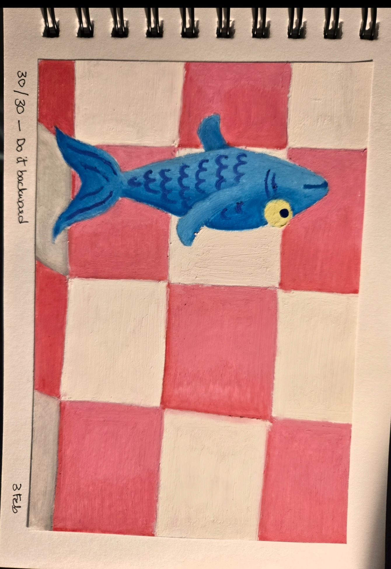 A blue fish walking back through a pink and white tiles room